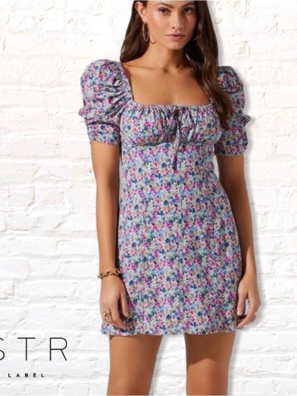 ASTR The LABEL Puff Sleeve Mini Dress, Fuchsia/Blue Floral, Size M, NEW